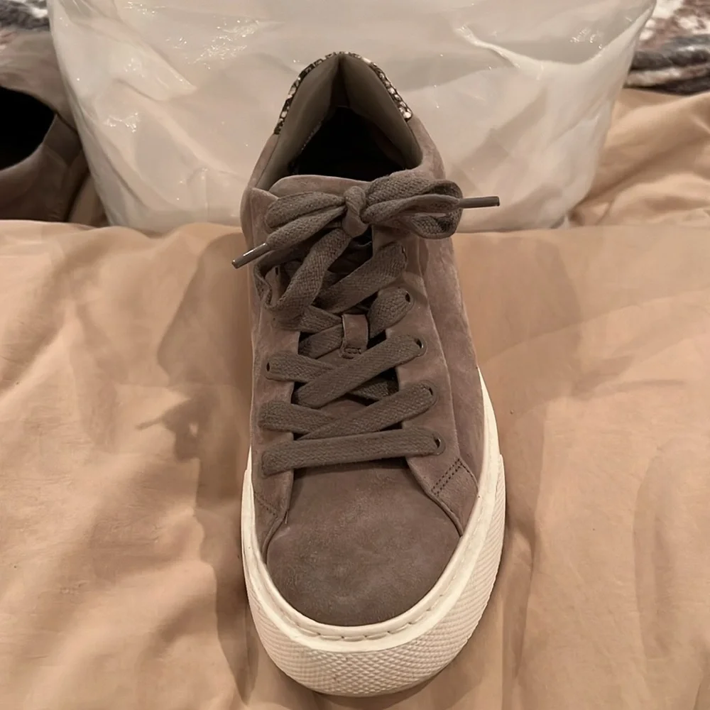 VINCE Gray Suede with Snake Print Heel Lace Up Platform Sneakers